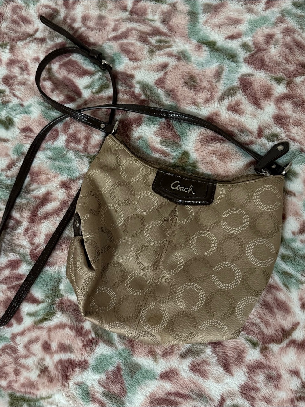 Coach Khaki Signature Small Crossbody with Dark Brown Trim
